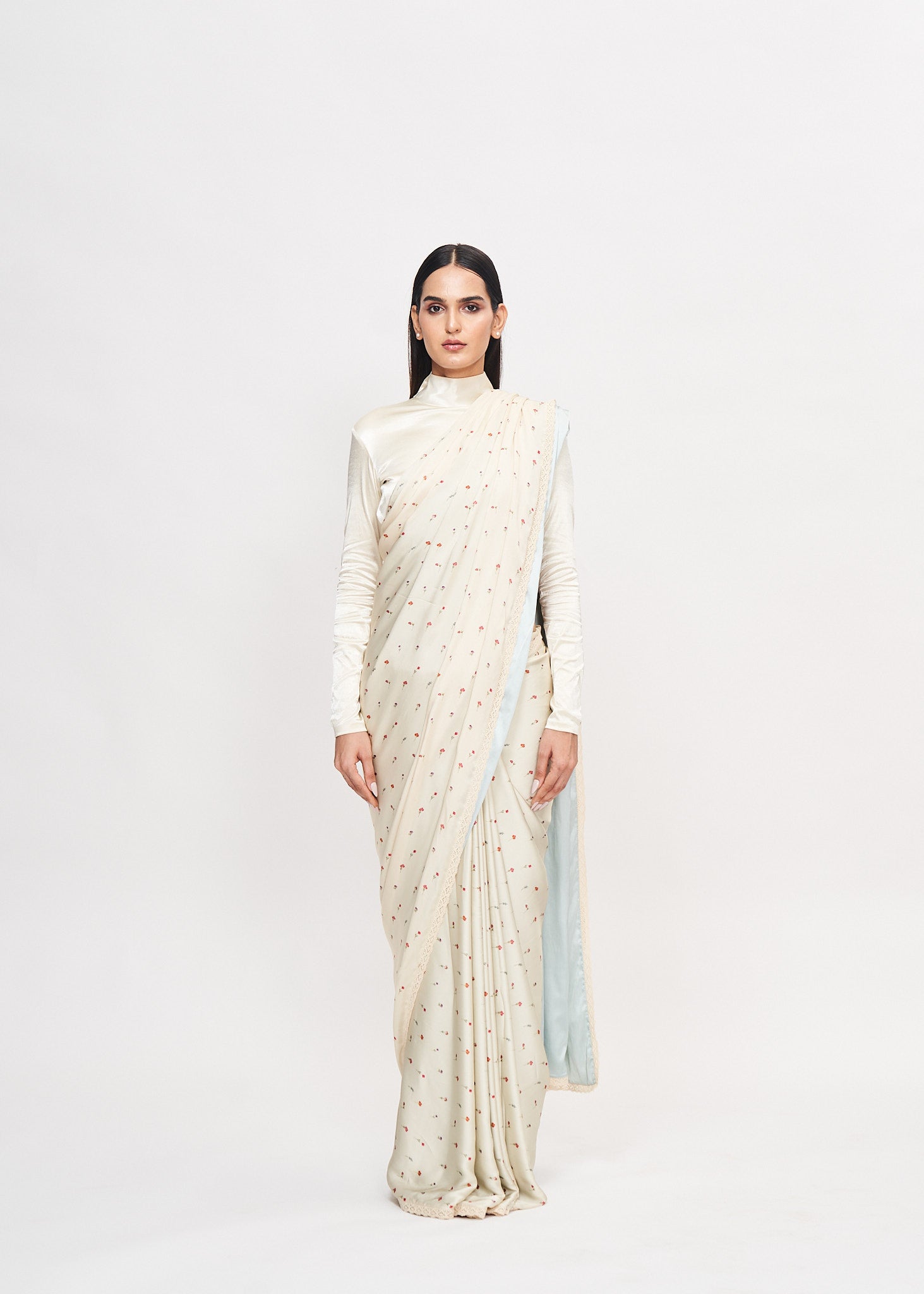 Embroidery Turtle Neck Saree Pista Green Organza Saree Blouse