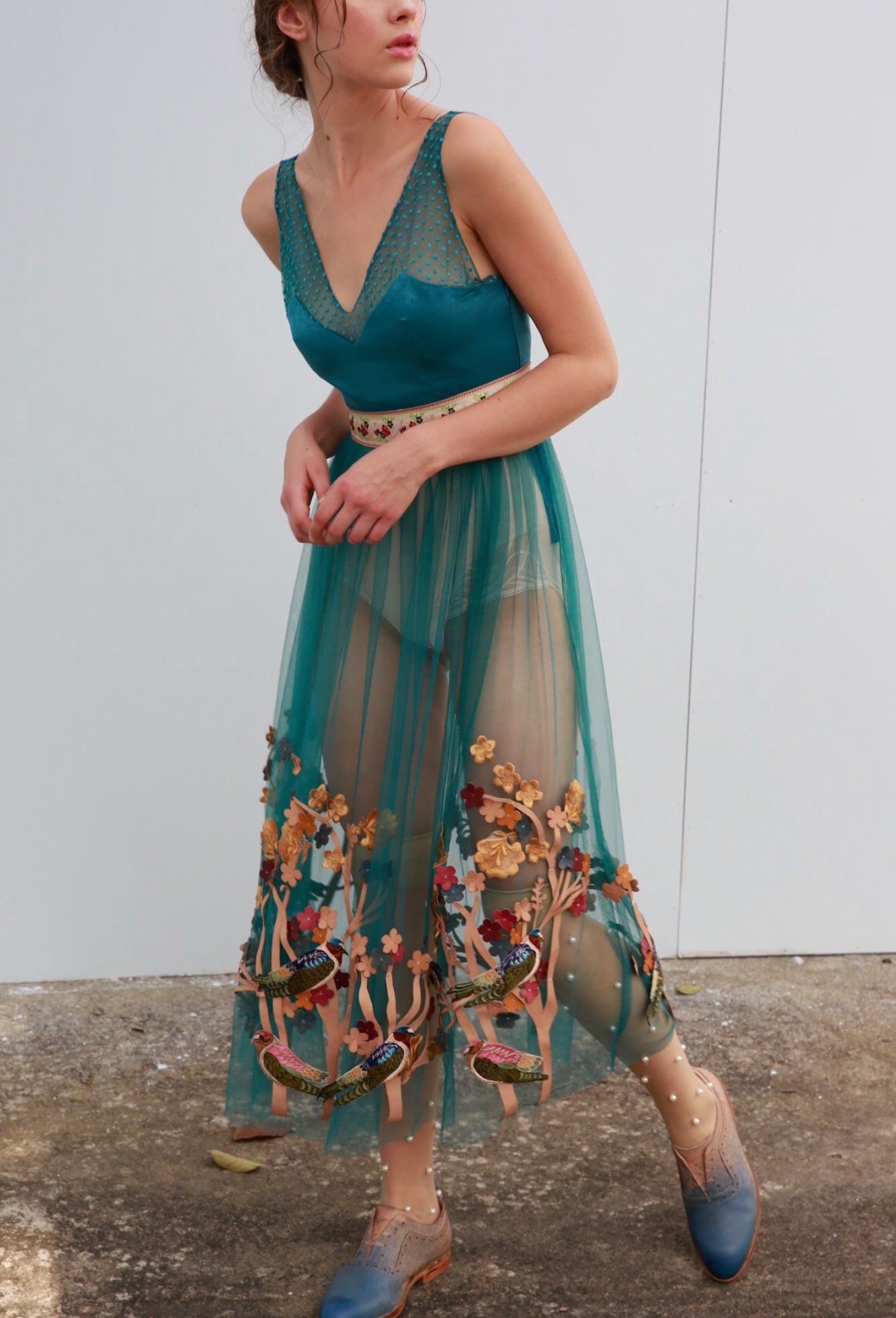 Blue embroidered net dress