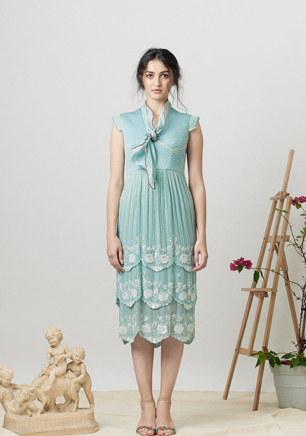 Blue quilted flapper dress with floral embroidery