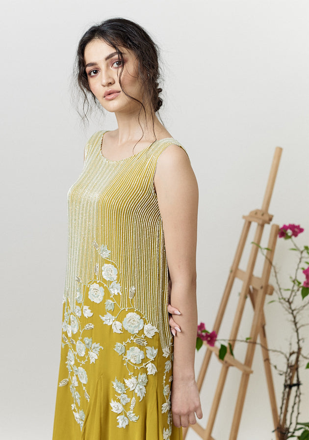 Mustard floral embroidered godet dress
