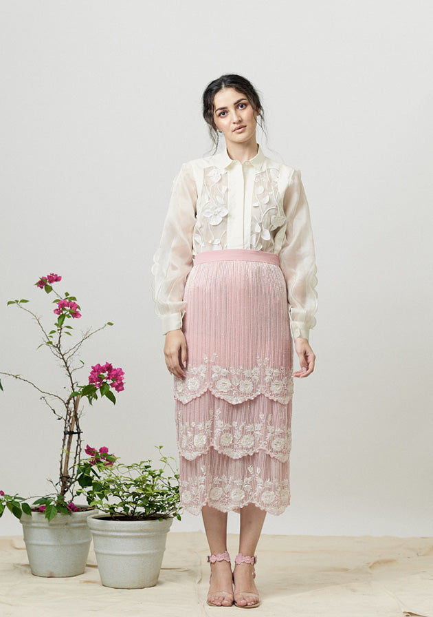 Pink flapper skirt with floral embroidery