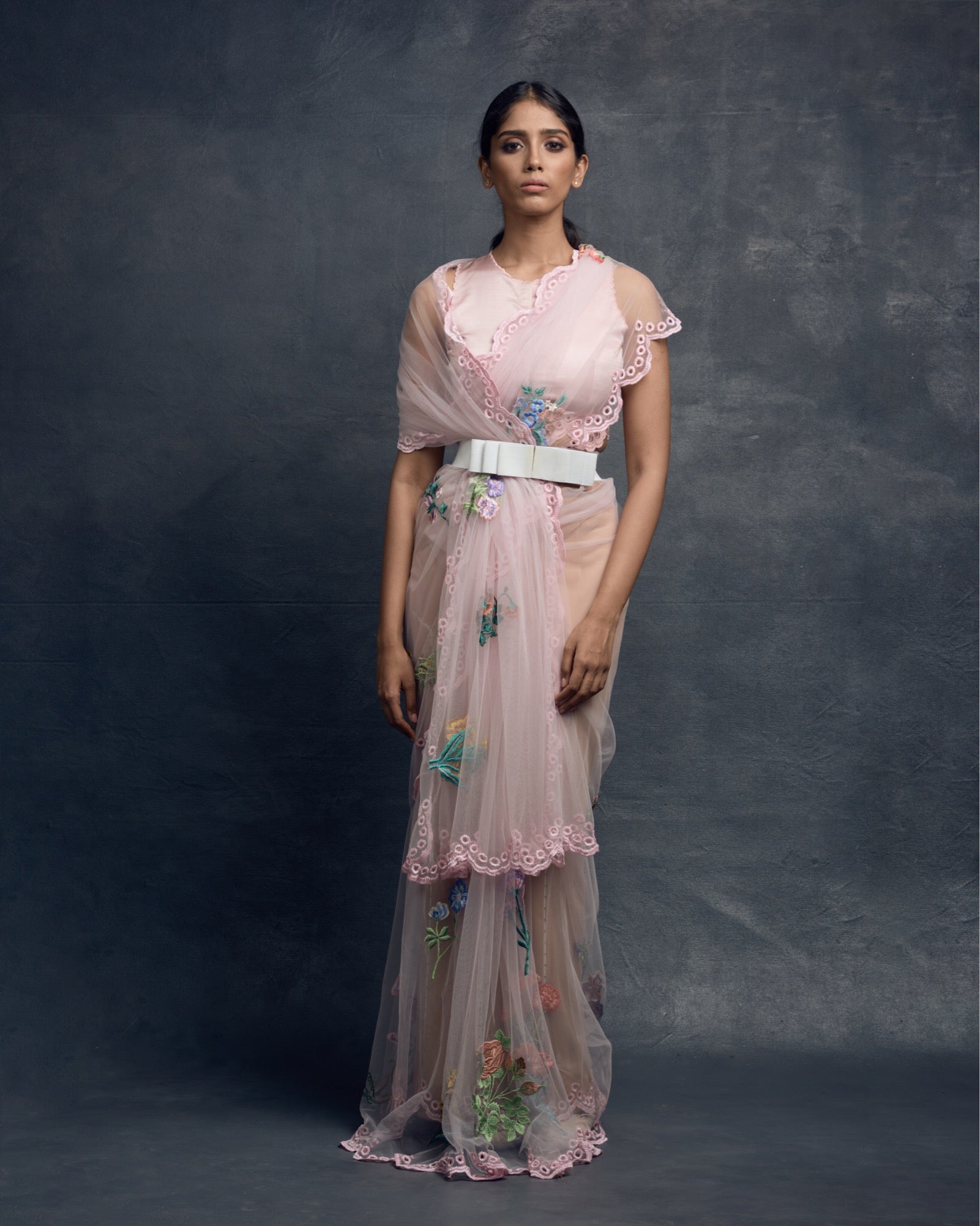 Botanical Tulle Saree, Satin  blouse with scallop embroidery & Bow belt