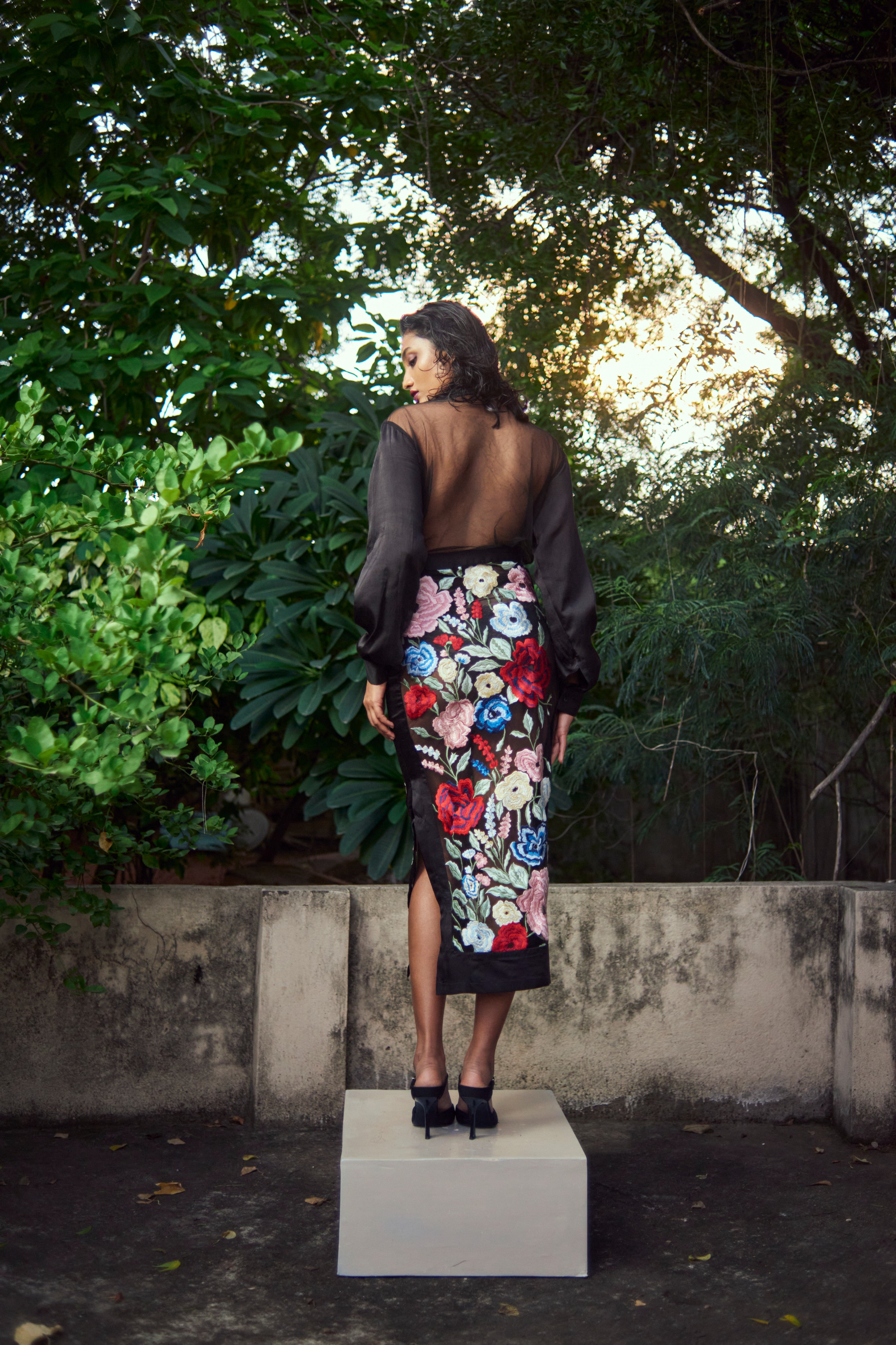 Black Floral Embroidered Sheer Shirt