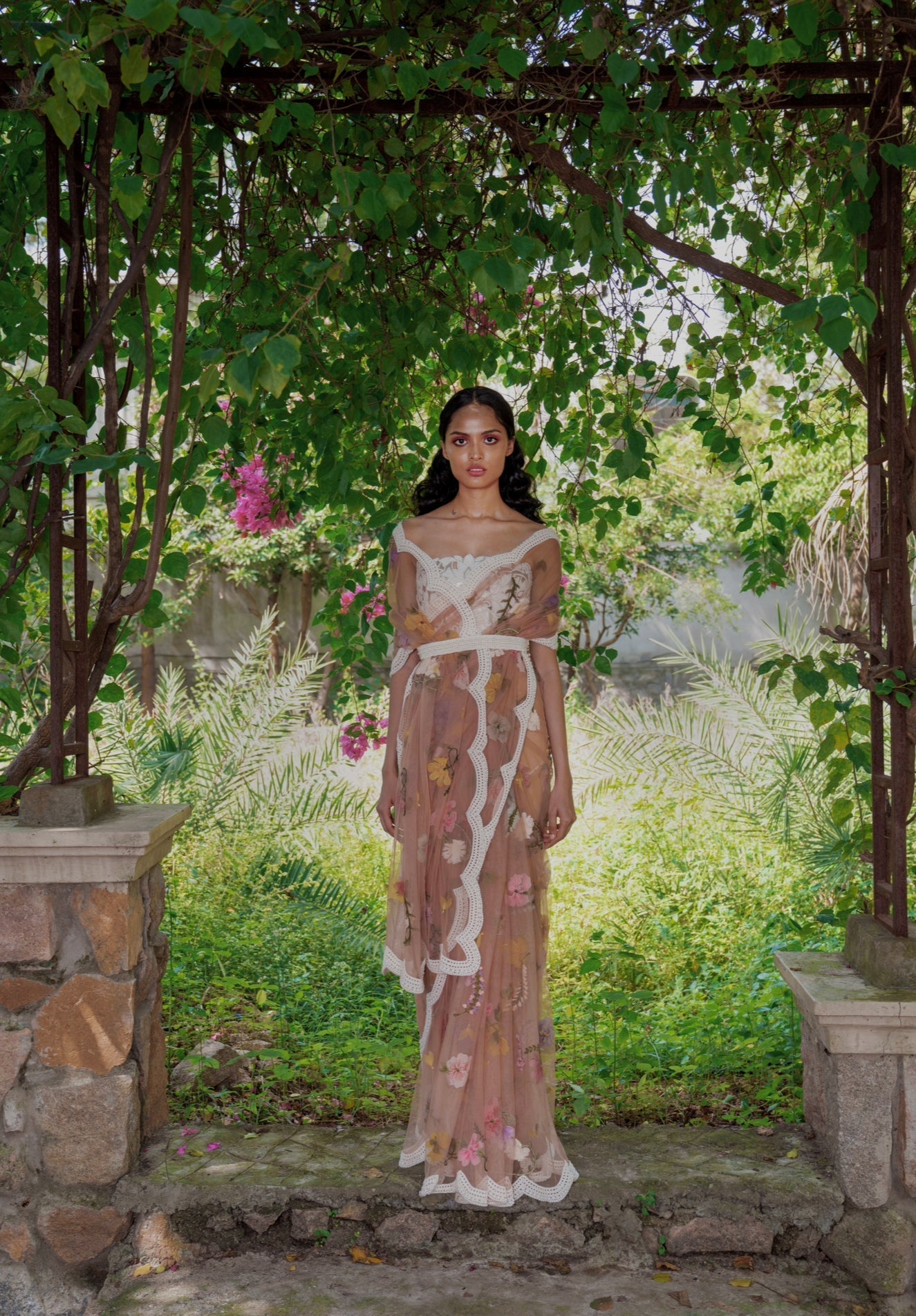 Pearl embroidered pressed flower Saree & Leather pearl Bustier