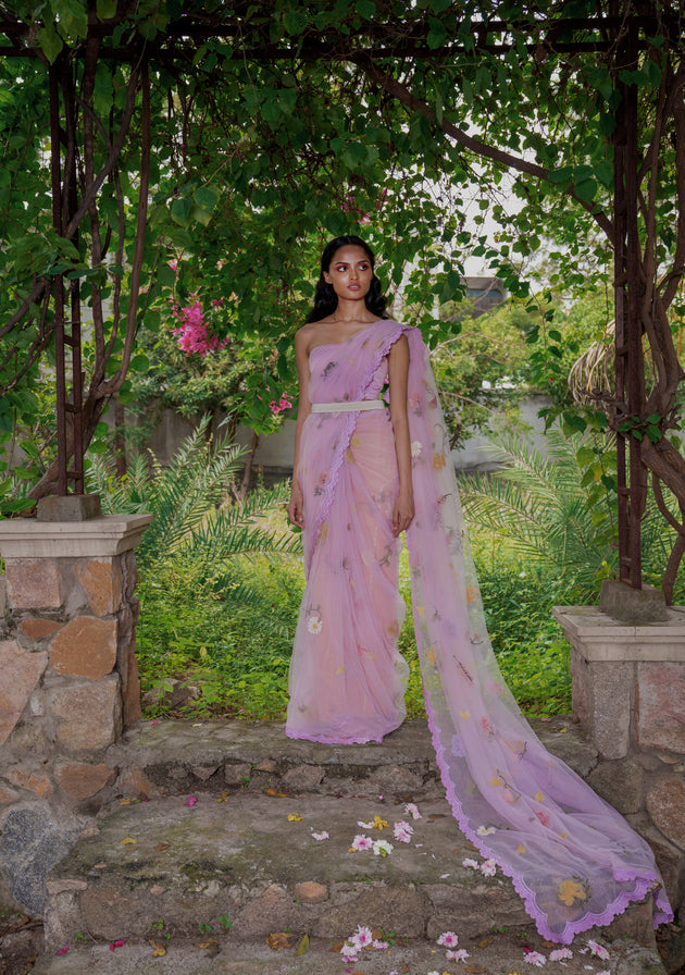 Pressed flower saree, Quilted Bustier & Pearl belt