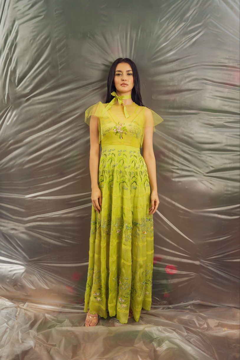 Bird Embroidered Dress in Green