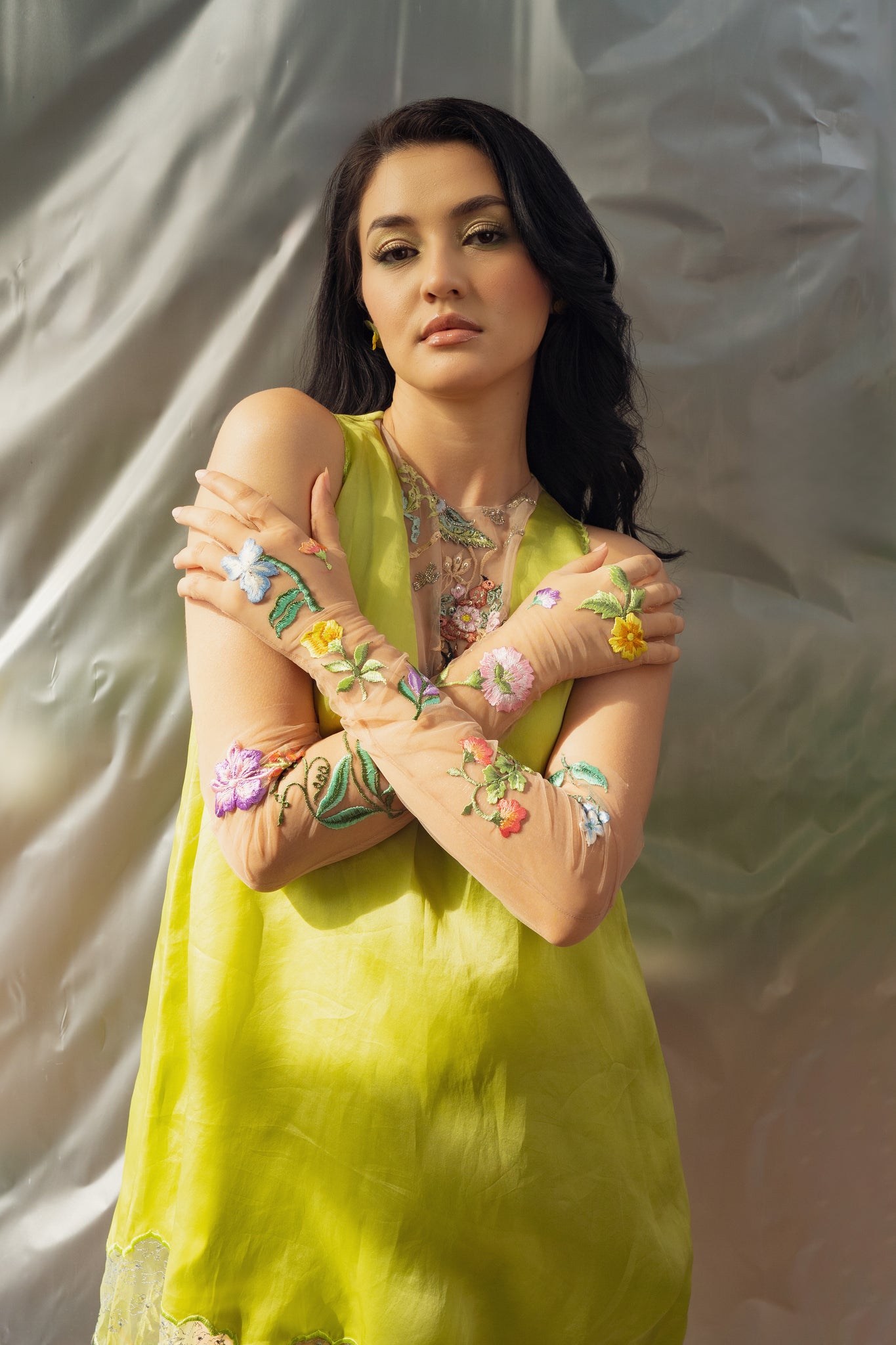 Bird Embroidered Shift Dress in Green