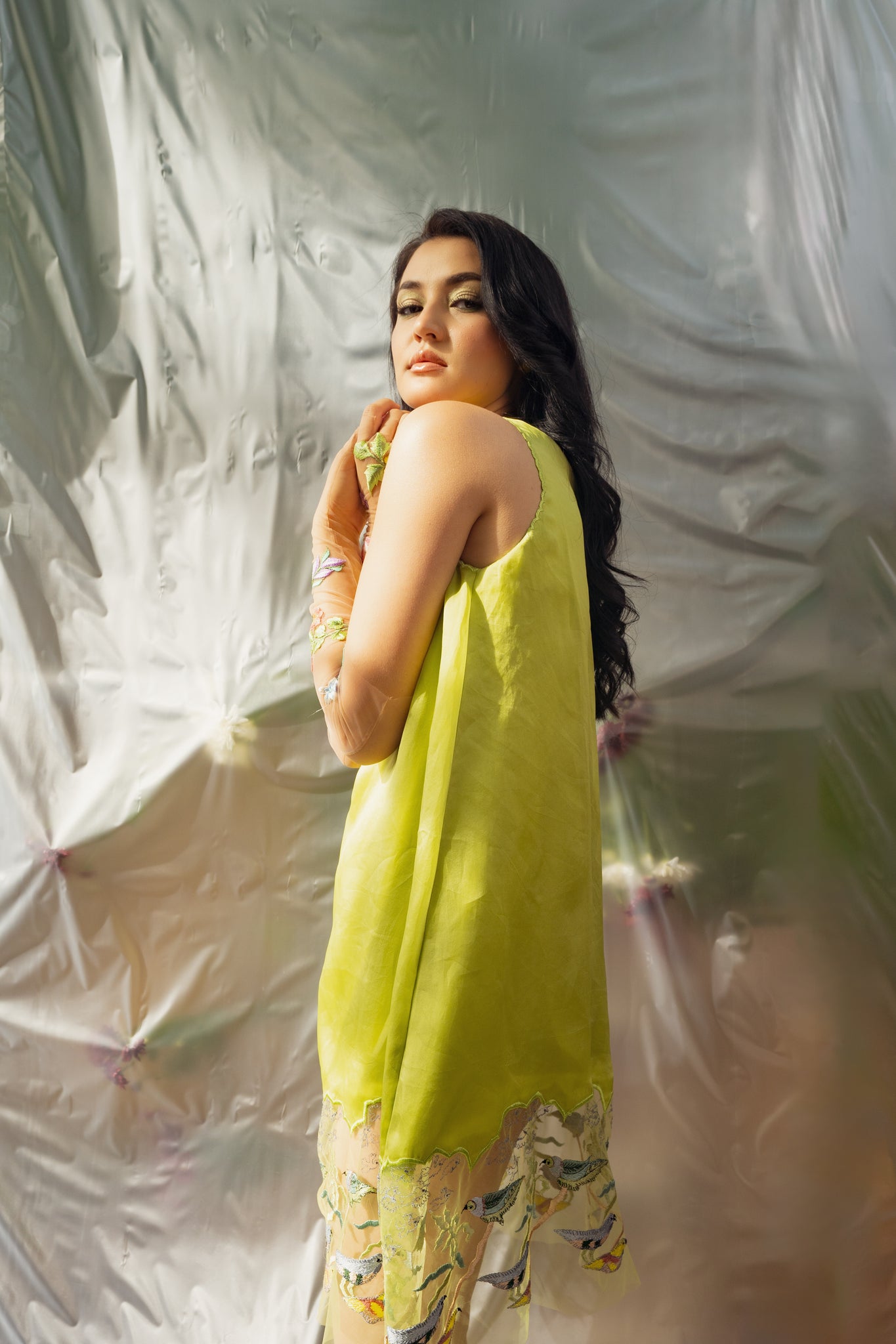 Bird Embroidered Shift Dress in Green