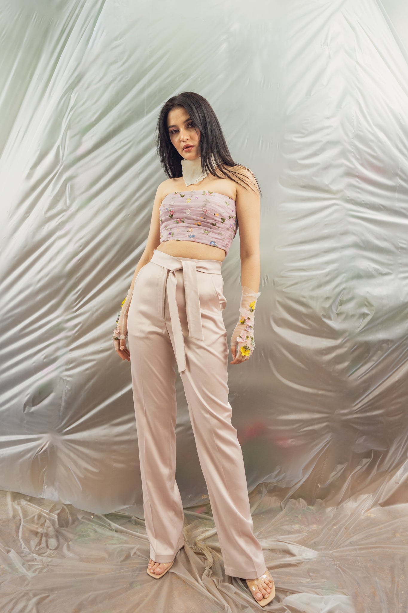 Lavender embroidered pleated bustier