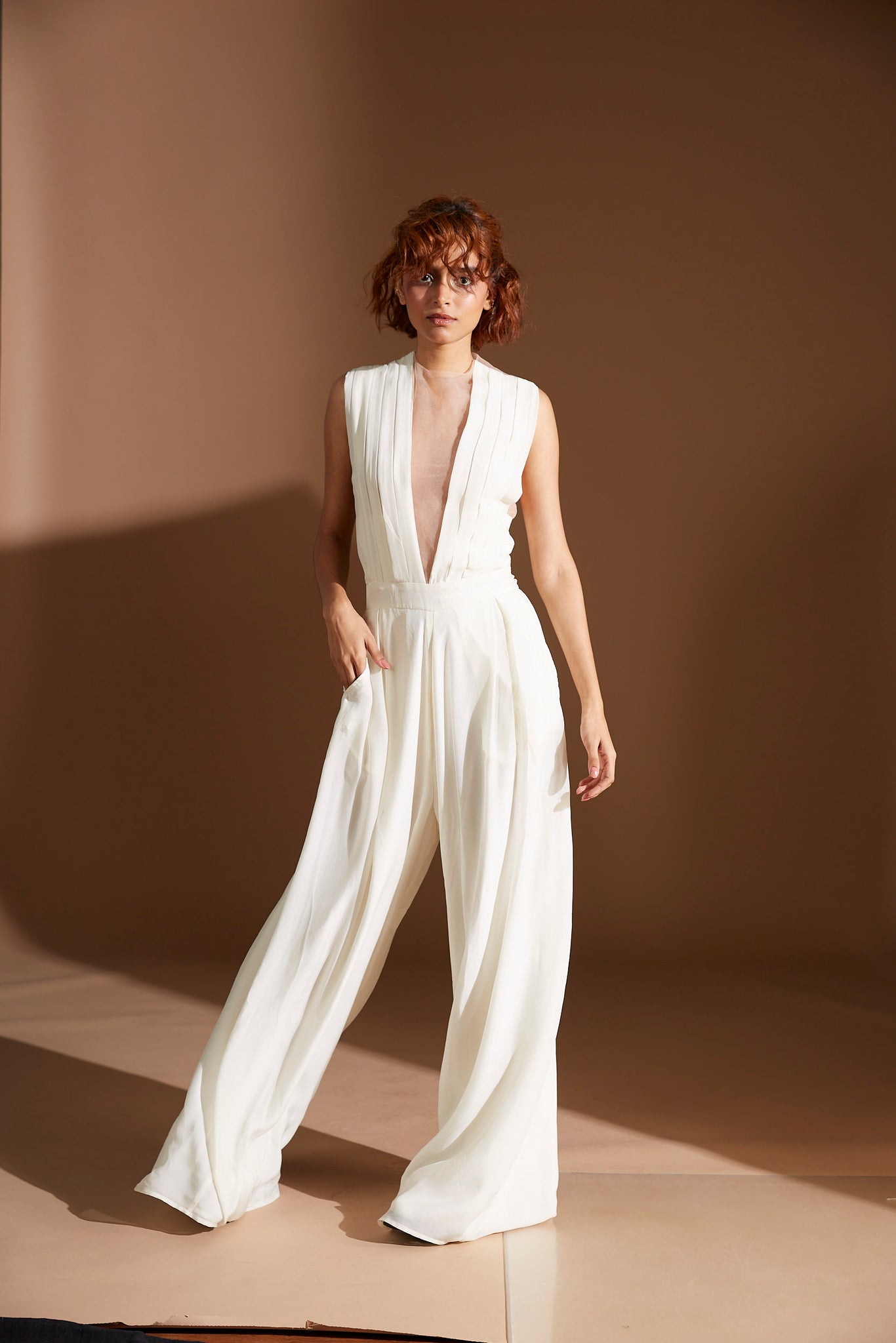 Pleated deals white jumpsuit