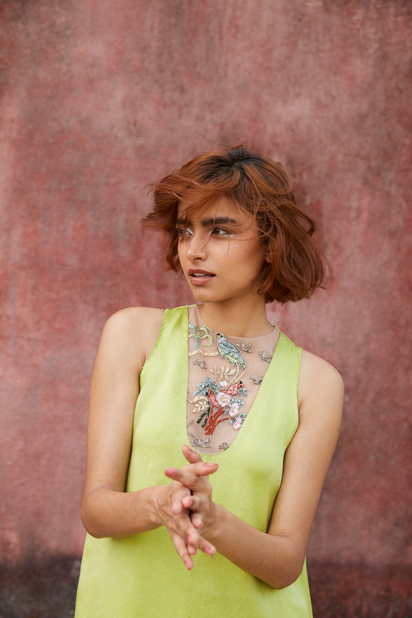 Bird Embroidered Shift Dress in Green