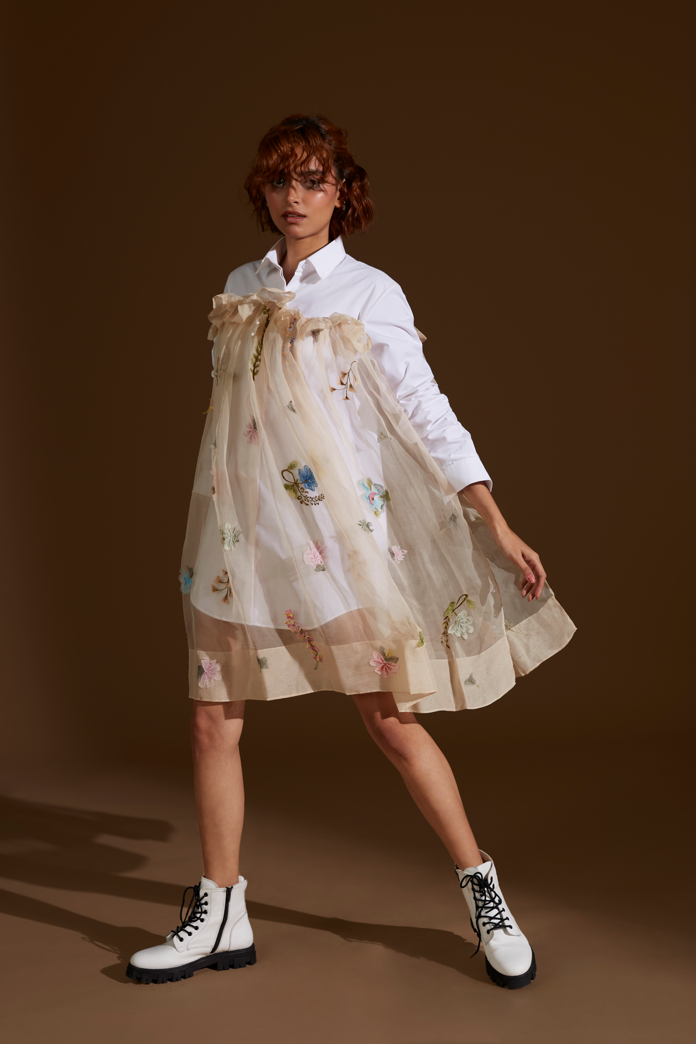 Pressed Flower Overlay Shirt Dress