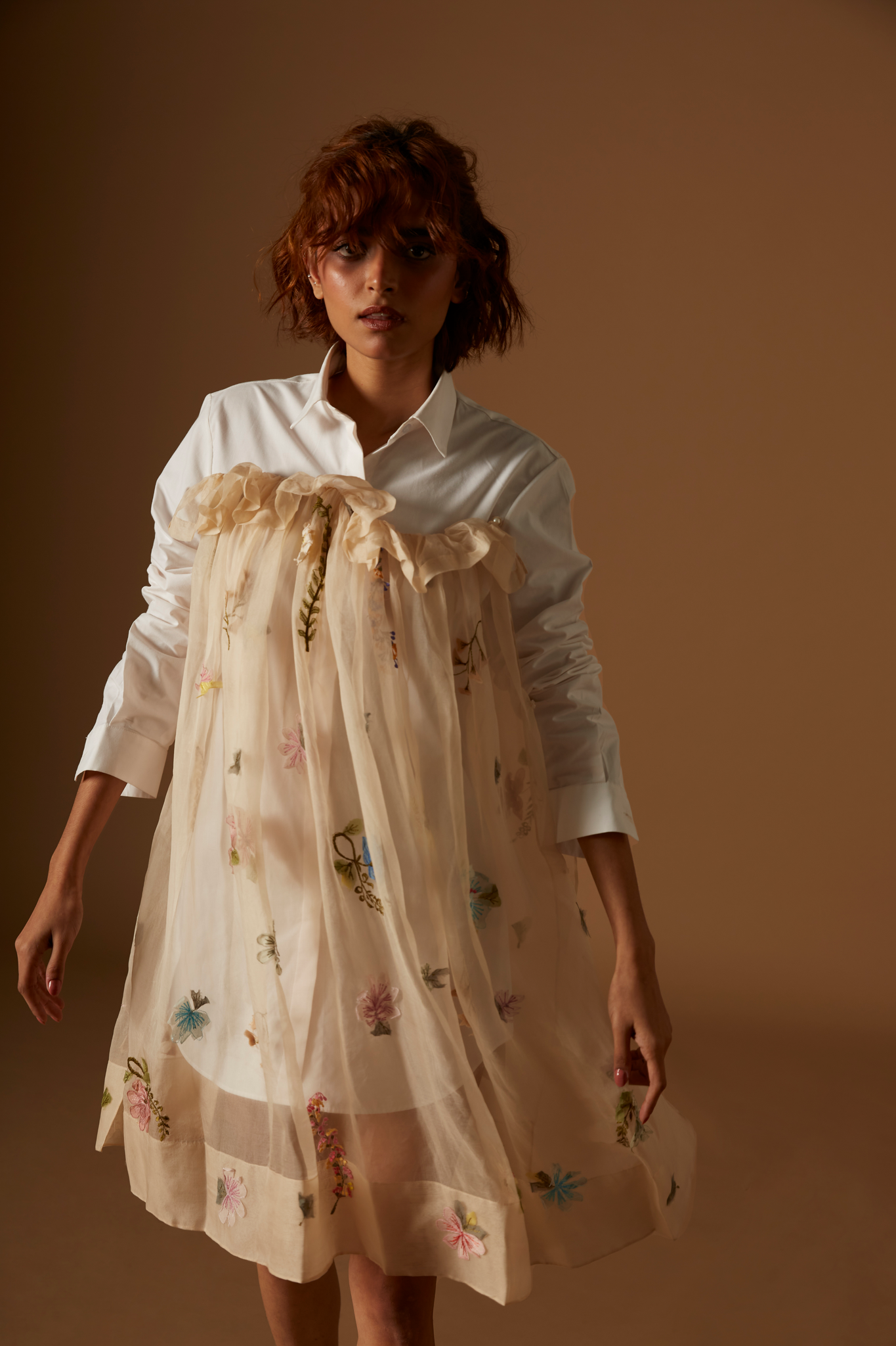 Pressed Flower Overlay Shirt Dress