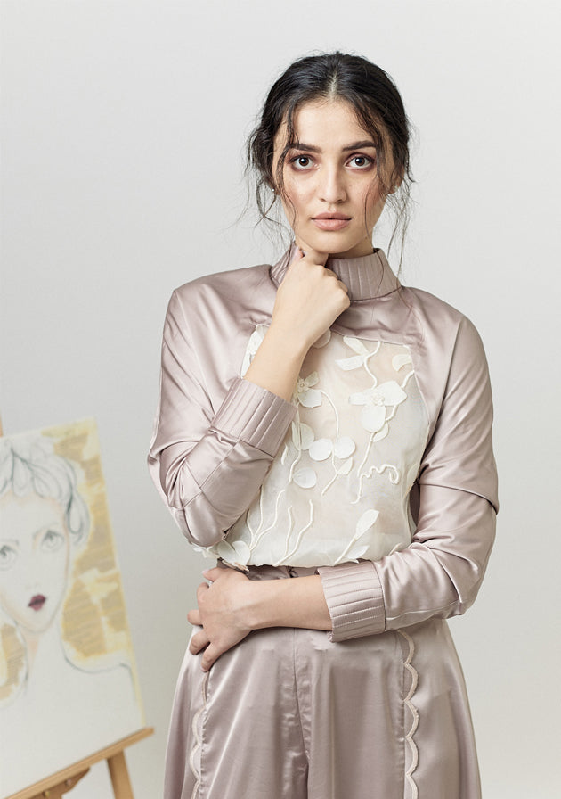 Grey petal embroidered top