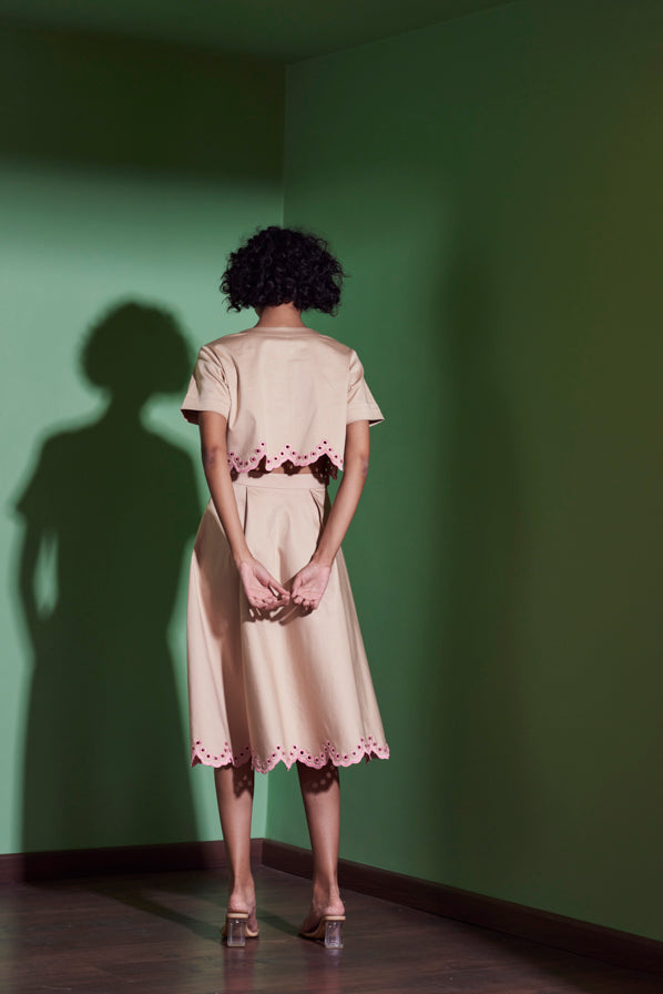 Khaki Skirt with Scallop Embroidery