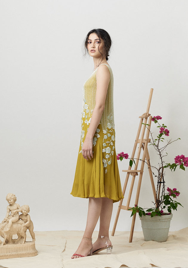 Mustard floral embroidered godet dress