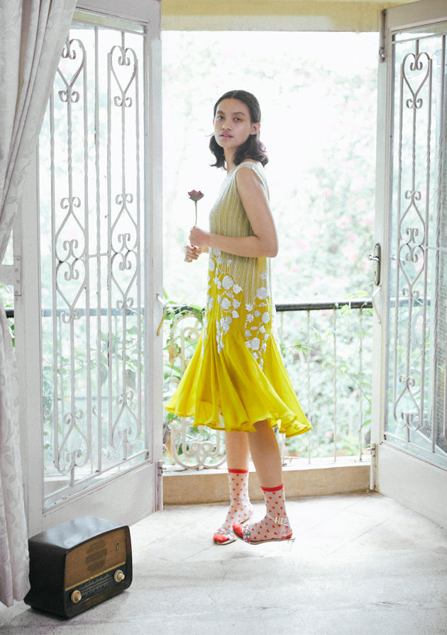 Mustard floral embroidered godet dress