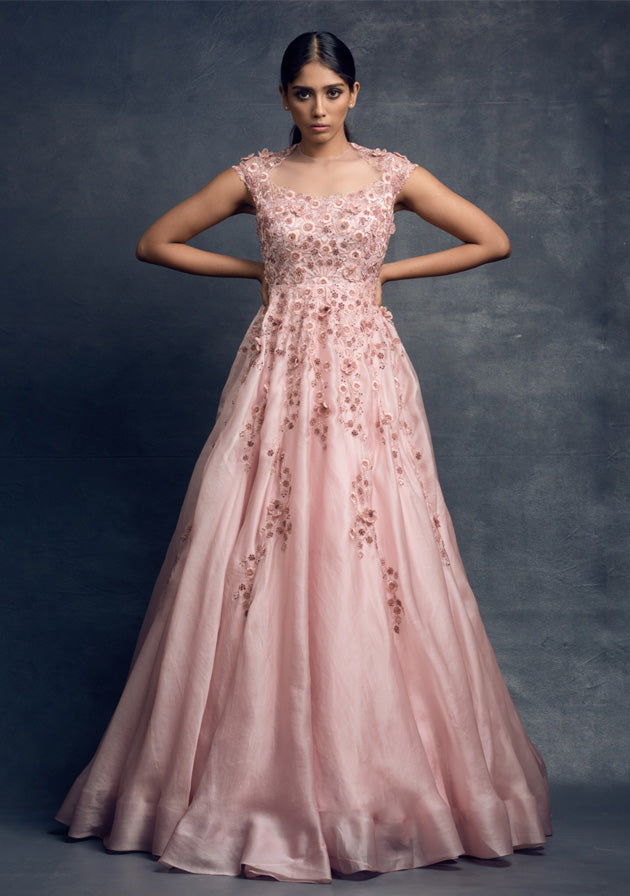 Pink Organza Embroidered Gown