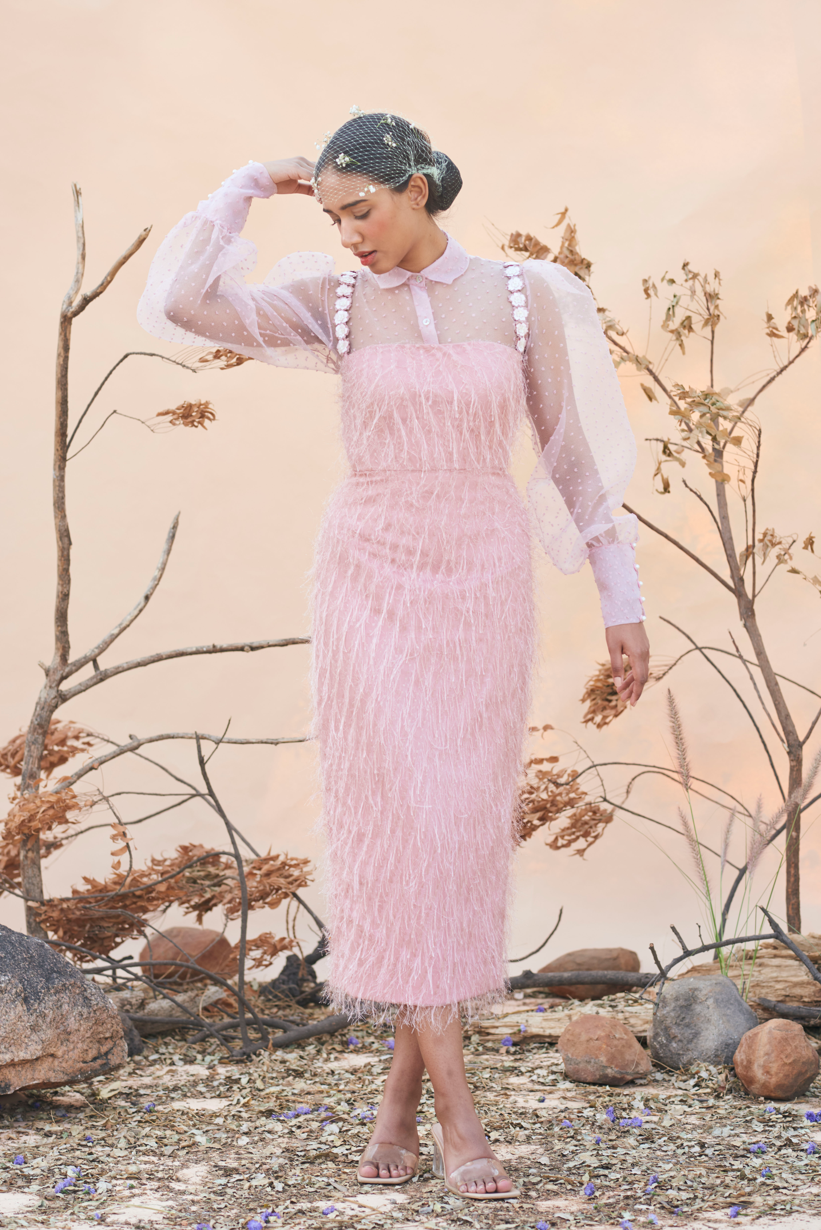 Pink fringe pencil fit dress