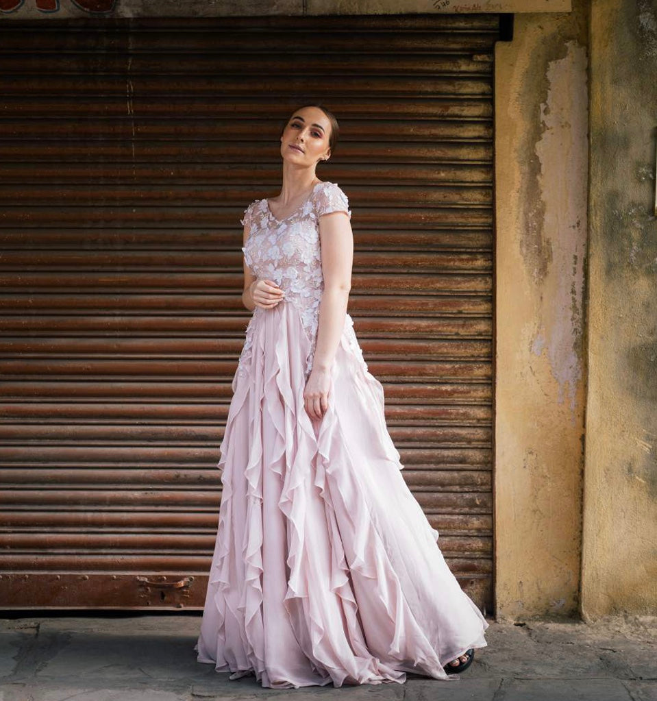Pink petal embroidered ruffle gown