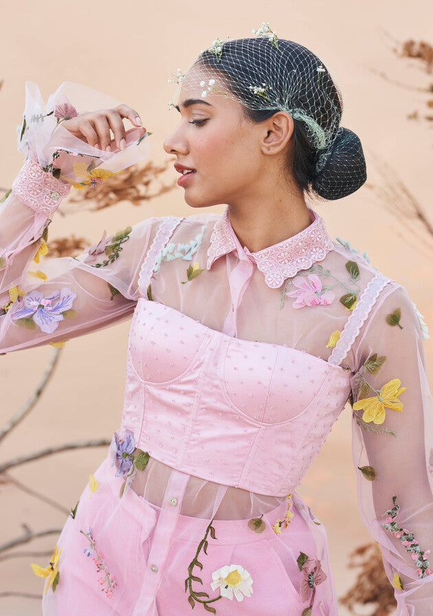 Pink press flower tulle shirt