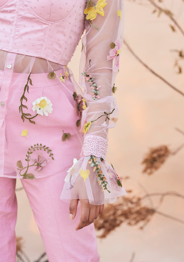 Pink press flower tulle shirt