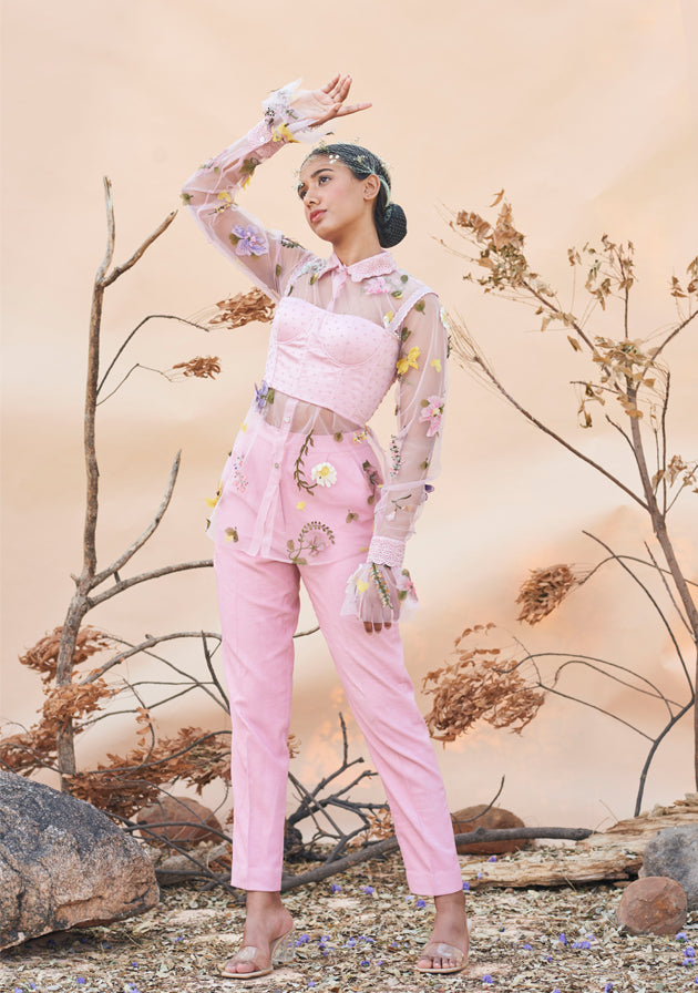 Pink press flower tulle shirt