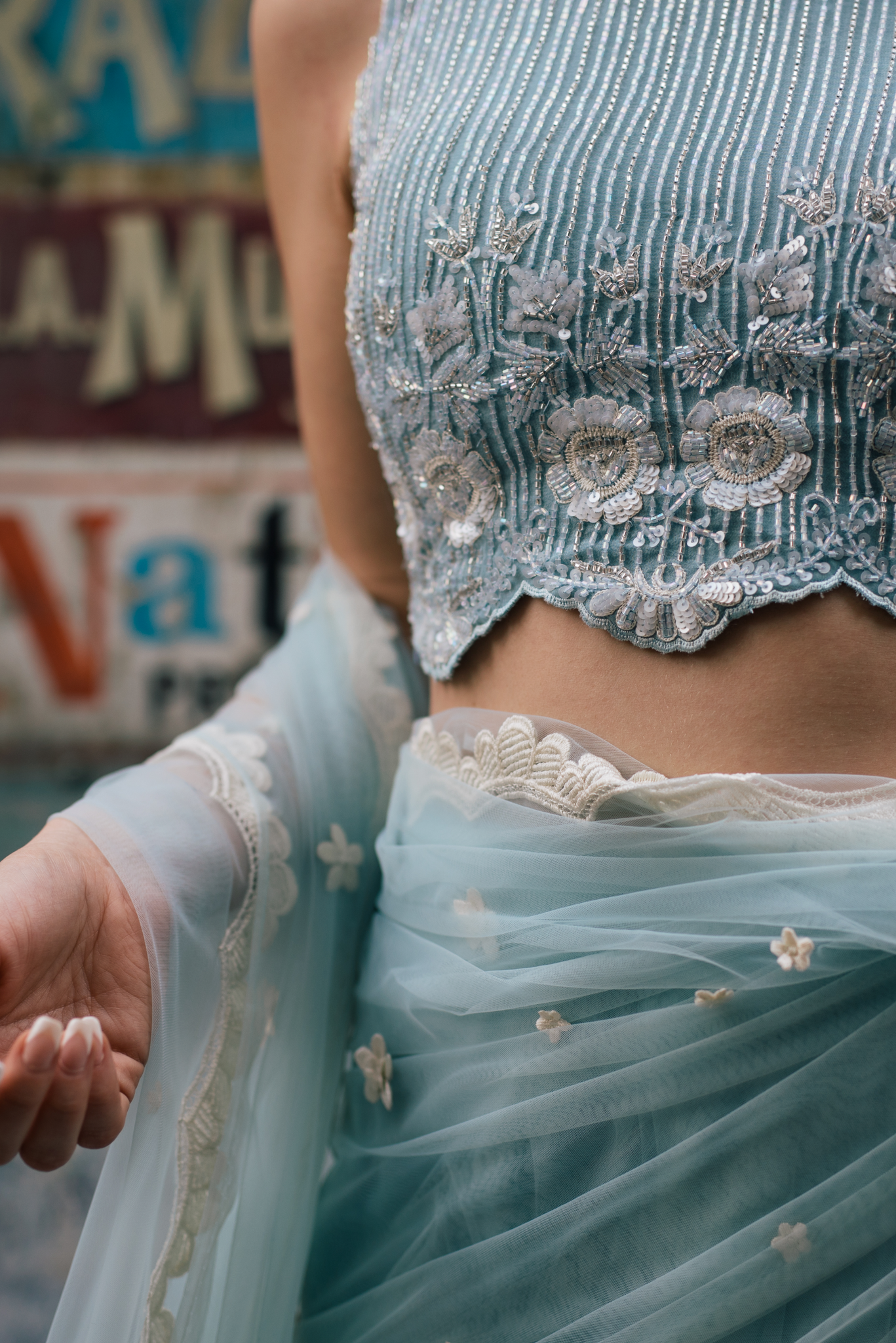 Powder Blue single tier pre draped saree