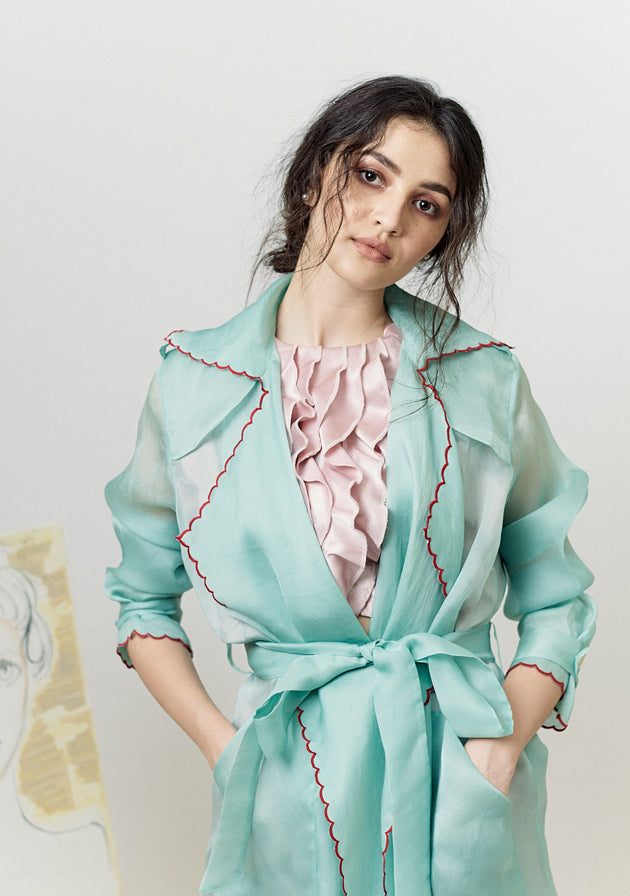 Powder blue organza trench coat