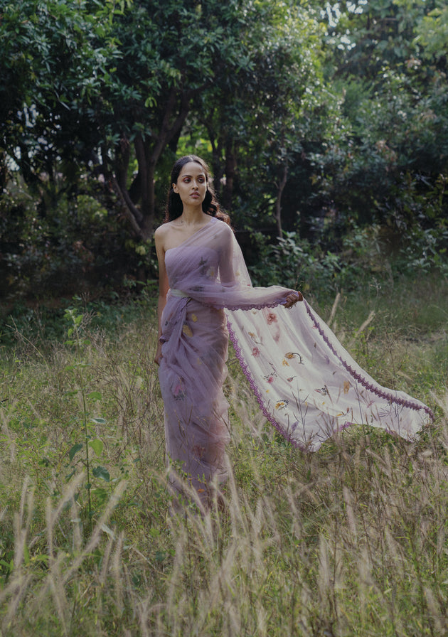 Lavender pressed flower saree