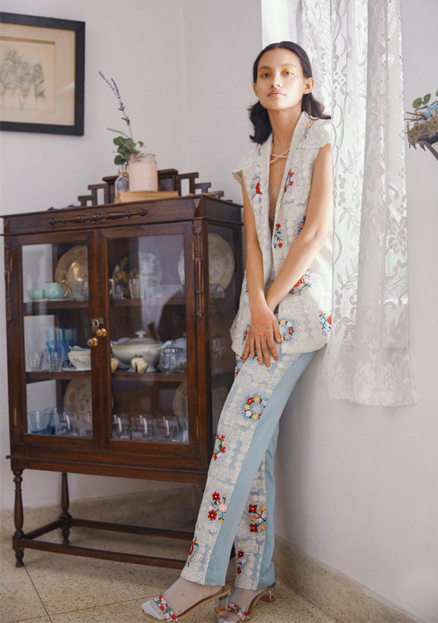 Tile embroidered satin pants