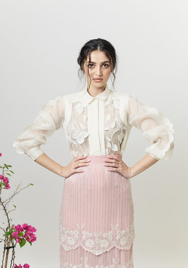 White organza flower embroidered shirt